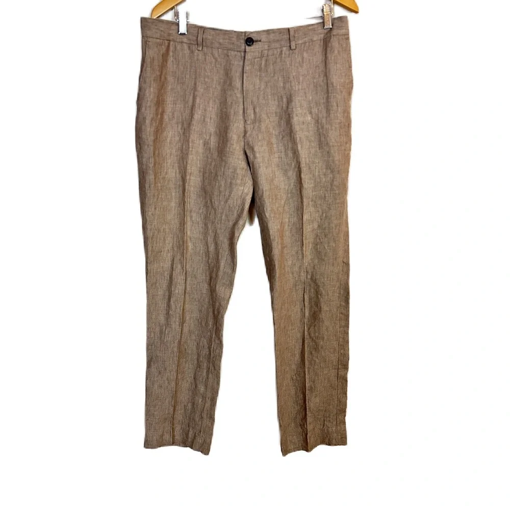 Frank & Oak Linen Tan‎ Straight Leg Pants Flat Front Men’s Sz 36 X 34